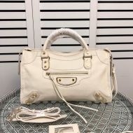 Balenciaga Medium Classic City Shoulder Bag In Metallic Edge Goatskin White