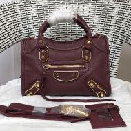 Balenciaga Mini Classic City Shoulder Bag In Metallic Edge Goatskin Burgundy