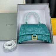 Balenciaga Hourglass Handbag In Crocodile Embossed Leather Blue/Gold