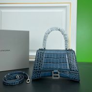 Balenciaga Hourglass Handbag In Crocodile Embossed Leather Navy Blue/Silver