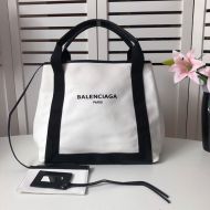 Balenciaga Medium Navy Cabas In Canvas White