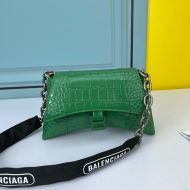 Balenciaga XS Downtown Shoulder Bag with Chain In Crocodile Embossed Leather Green