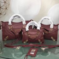 Balenciaga Classic City Shoulder Bag In Edged Goatskin Burgundy