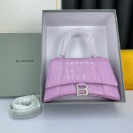 Balenciaga Hourglass Handbag In Crocodile Embossed Leather Pink/Silver