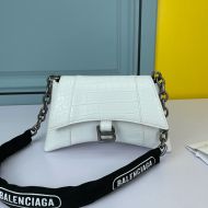 Balenciaga XS Downtown Shoulder Bag with Chain In Crocodile Embossed Leather White