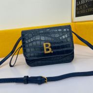 Balenciaga B Crossbody Bag In Crocodile Embossed Leather Navy Blue