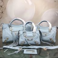 Balenciaga Classic City Shoulder Bag In Edged Goatskin Sky Blue