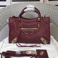 Balenciaga Small Classic City Shoulder Bag In Metallic Edge Goatskin Burgundy