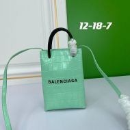 Balenciaga Mini Shopping Phone Holder In Crocodile Embossed Leather Green