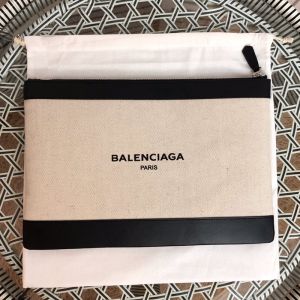 Balenciaga Medium Navy Pouch In Canvas Beige