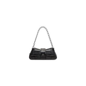 Balenciaga Small Lindsay Shoulder Bag with Strap In Crocodile Embossed Leather Black