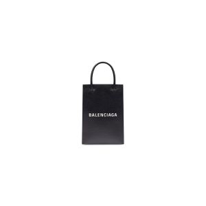 Balenciaga Mini Shopping Phone Holder In Saffiano Calfskin Black