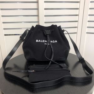 Balenciaga Small Navy Bucket Bag In Canvas And Calfskin Black