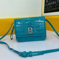 Balenciaga B Crossbody Bag In Crocodile Embossed Leather Blue