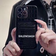 Balenciaga Cash iPhone Case with Card Holder In Crocodile Leather Black