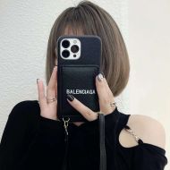 Balenciaga Cash iPhone Case with Card Holder and Strap In Grained Calfskin Black