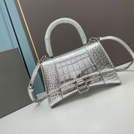 Balenciaga Hourglass Handbag In Crocodile Embossed Leather Silver