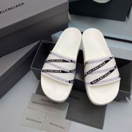 Balenciaga Pool Slides Unisex Monogram Striped Rubber White