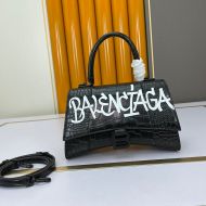 Balenciaga Small Hourglass Handbag In Graffiti Crocodile Embossed Leather Black