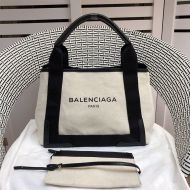 Balenciaga Small Navy Cabas In Canvas Beige