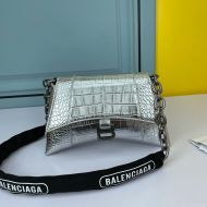 Balenciaga XS Downtown Shoulder Bag with Chain In Crocodile Embossed Leather Silver