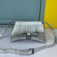 Balenciaga XS Downtown Shoulder Bag In Crocodile Embossed Leather Silver